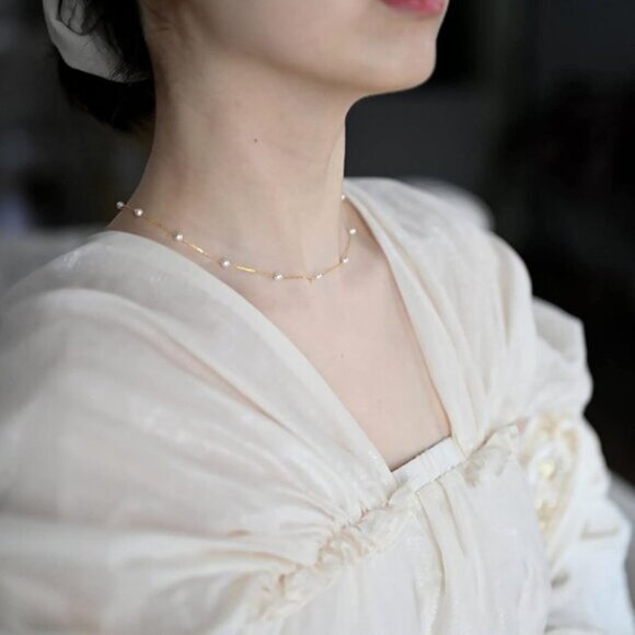 Gold Pearl Choker Necklace Beaded Chain Dainty Jewelry for Women Wedding Gift - Picture 4 of 7